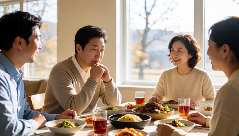 추석 연휴 가족 모임에서 홀로 생각에 잠긴 모습