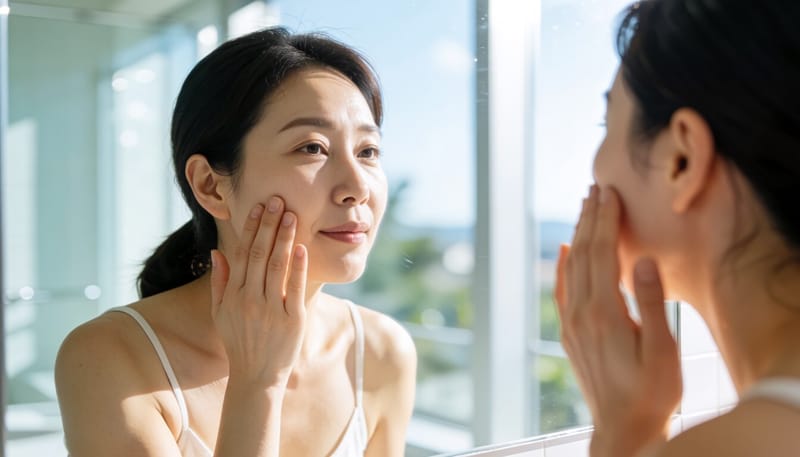 환한 조명 아래 얼굴 피부를 만지며 살펴보는 여성의 모습