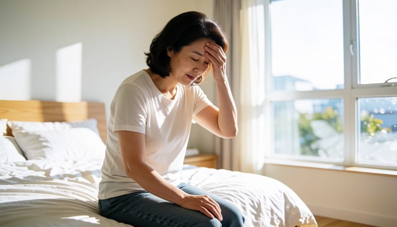 아침에 침대에 걸터앉아 어지러움을 느끼는 여성