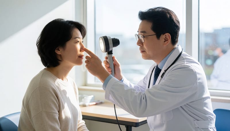의사가 환자의 코 상태를 진찰하는 모습