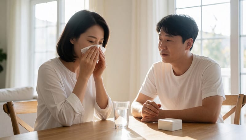 아침에 휴지로 코를 누르며 앉아있는 여성