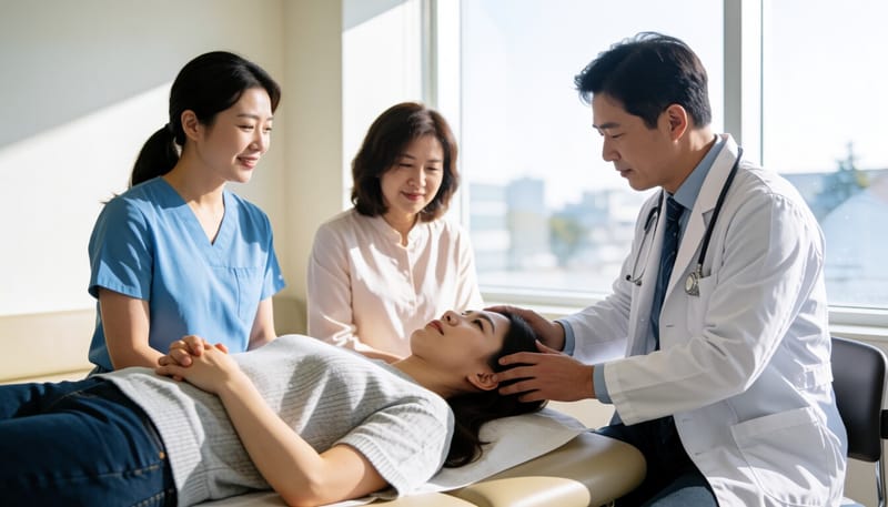 병원에서 자세를 이용한 이석 정복 치료를 받는 모습