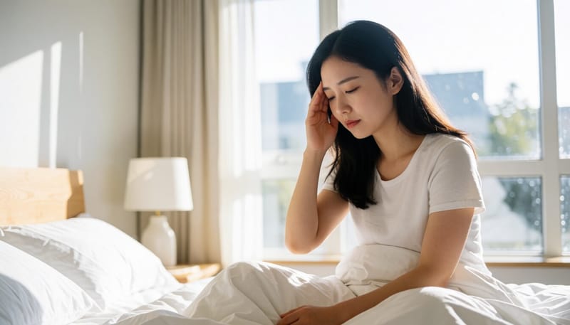 침대에서 갑자기 어지럼증을 느끼며 머리를 짚고 있는 여성