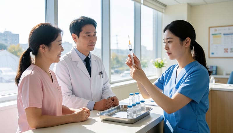 진료실에서 주사 치료를 준비하는 간호사의 모습