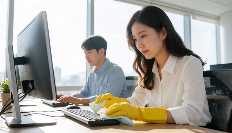 소독 티슈로 키보드를 닦는 사무실 직원