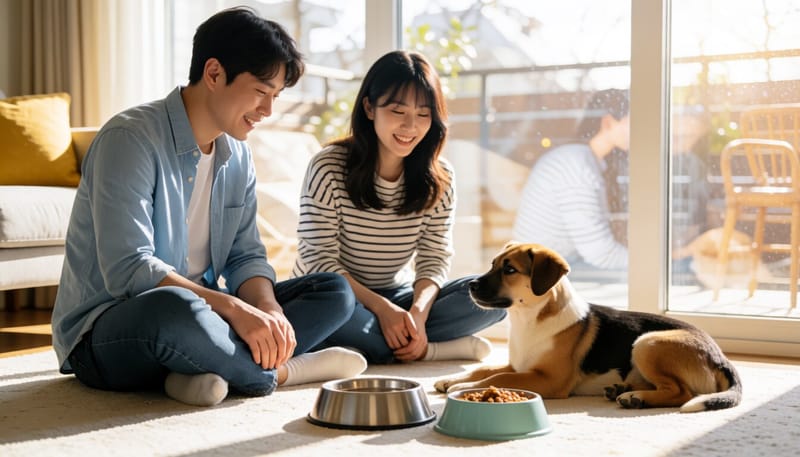 집에서 물그릇 앞에 힘없이 누워있는 강아지