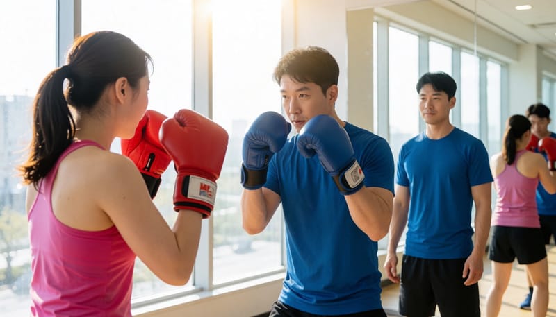 복싱장에서 가드 자세를 연습하는 초보자
