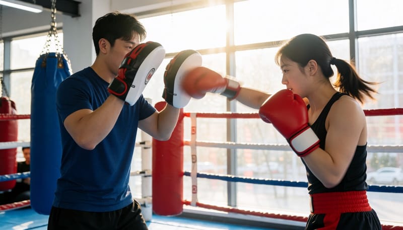트레이너의 미트를 향해 잽을 뻗는 수강생