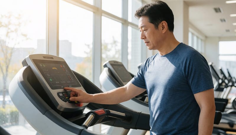 러닝머신 경사도 조절 버튼을 만지는 중년 남성