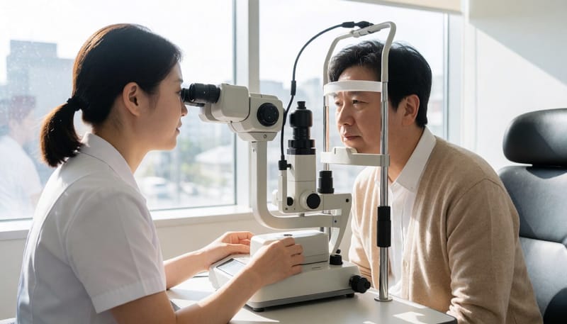 안과에서 안저사진 촬영을 받는 환자의 모습