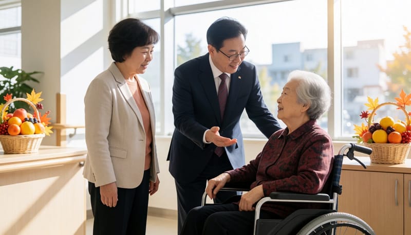 요양시설에서 어르신과 대화를 나누는 관계자의 모습