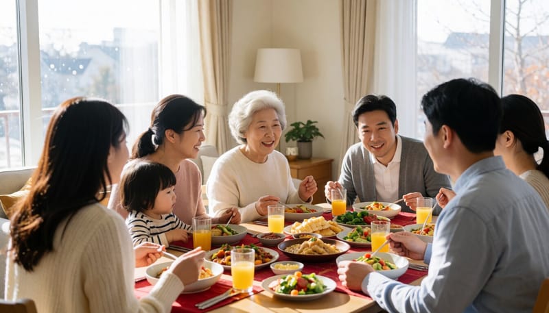 명절 연휴 가족이 한자리에 모인 거실 풍경