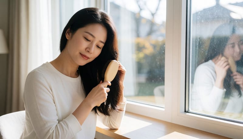 저녁에 집에서 편안하게 머리를 빗는 여성의 모습