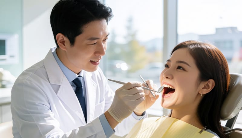 치과에서 치아 배열을 검진받는 모습