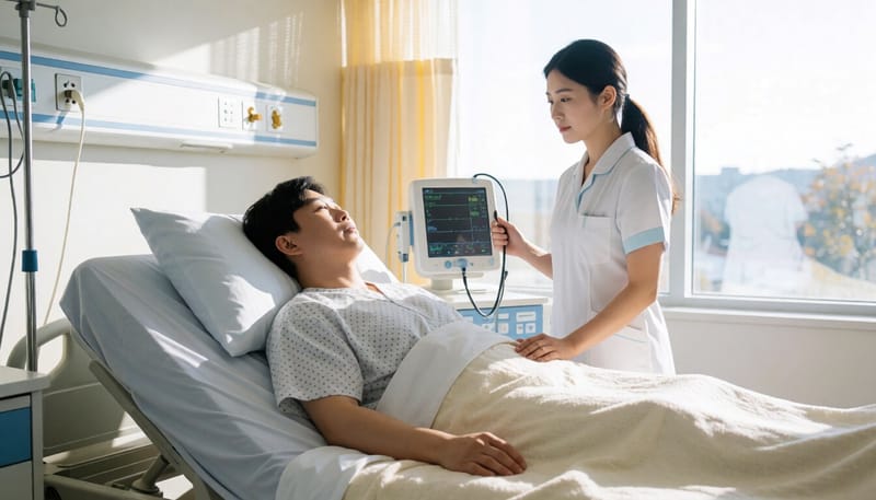 허리디스크 수술 후 병실에서 회복 중인 환자