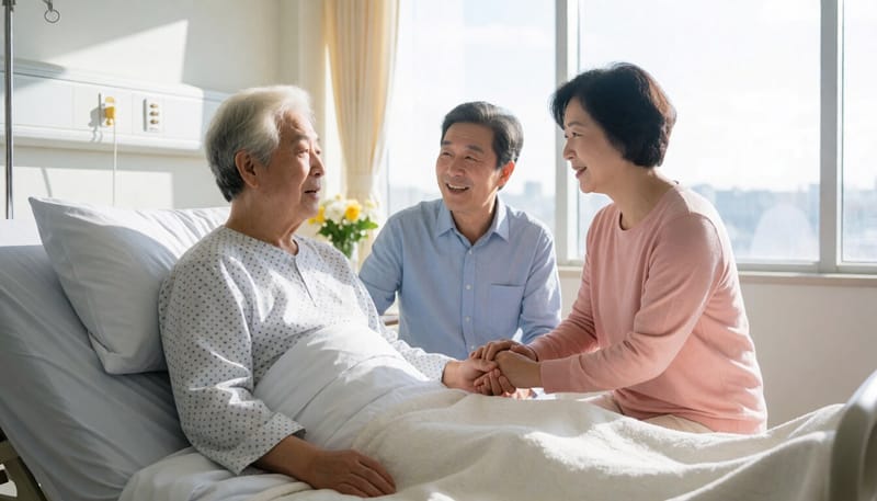 병실 침대에 앉아 있는 고령 환자와 곁을 지키는 보호자