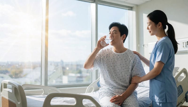 회복실에서 물을 마시며 안정을 취하는 환자