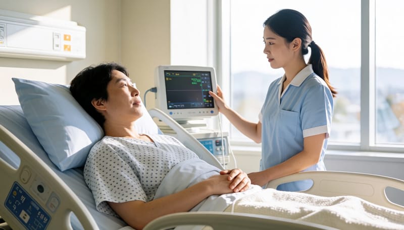 수술 후 회복실에서 안정을 취하는 환자의 모습