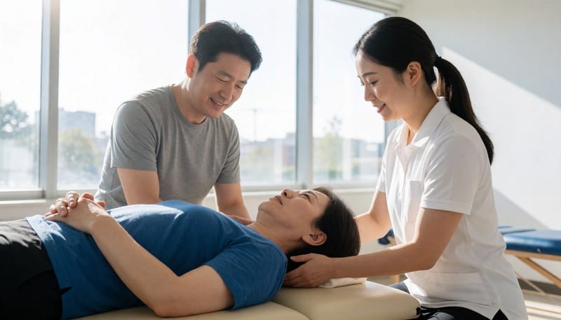 물리치료실에서 목 상태를 점검받는 환자