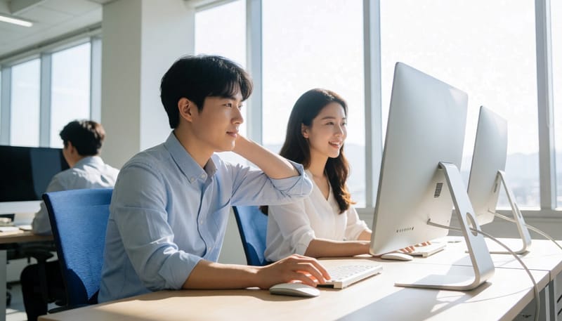 컴퓨터 앞에서 목을 감싸 쥔 채 통증을 느끼는 회사원의 모습