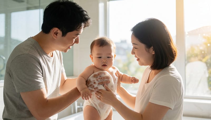 아빠가 목욕 후 아기 몸 상태를 살피는 모습
