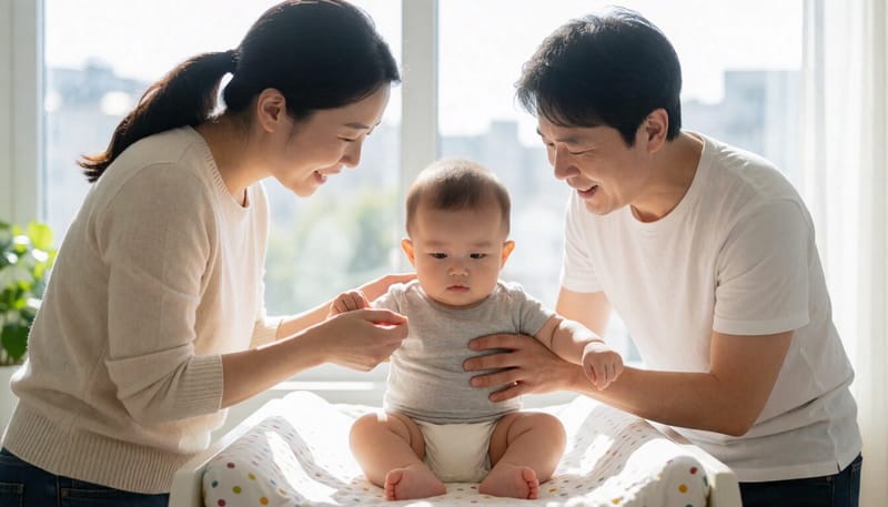 엄마가 집에서 아기 기저귀를 갈며 몸을 살펴보는 모습