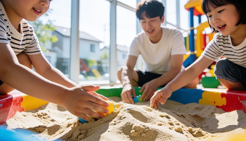 모래놀이터에서 맨손으로 모래를 만지는 어린이