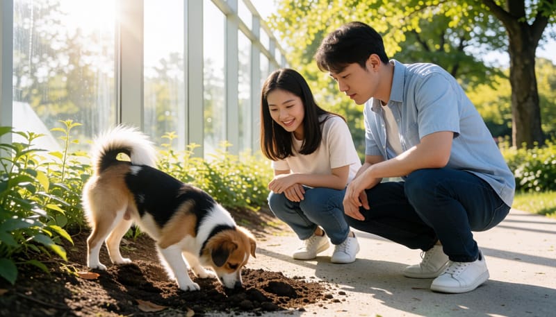공원 흙바닥을 파헤치는 반려견을 지켜보는 보호자