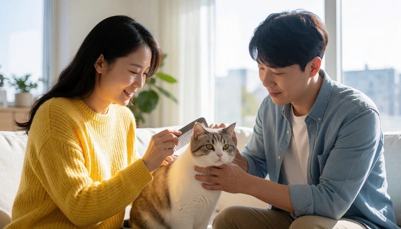 보호자가 고양이 털을 빗으로 살피며 벼룩을 확인하는 모습