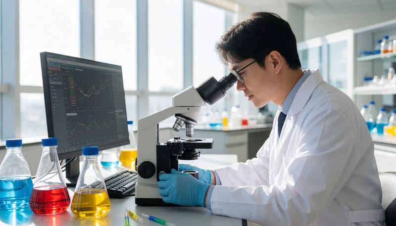 실험실에서 시료를 분석하는 연구원