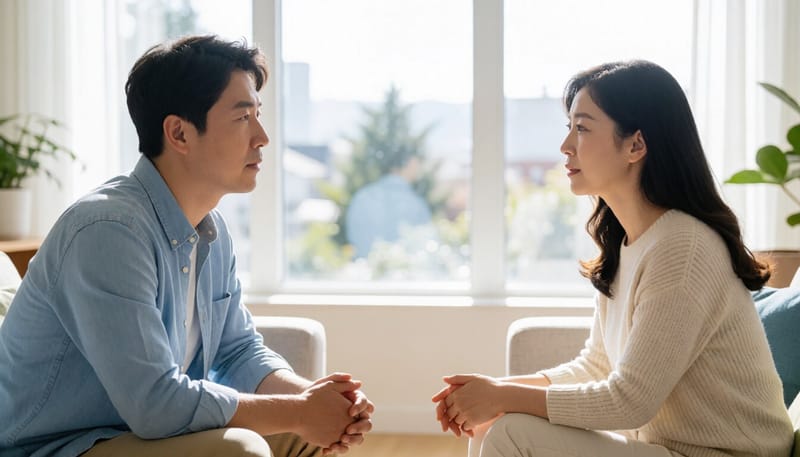 소파에 앉아 진지하게 대화를 나누는 커플의 모습