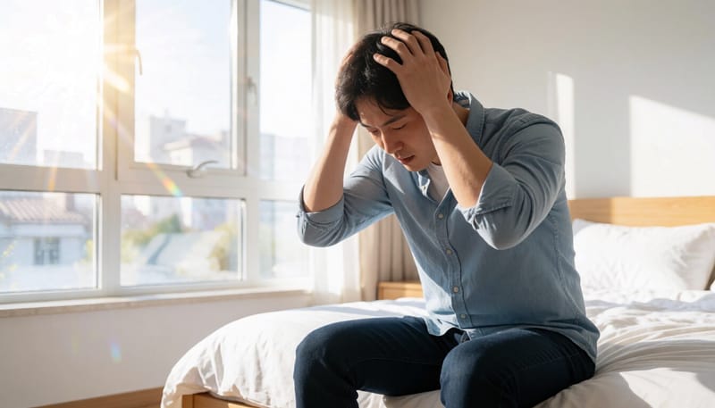 침대에서 일어나다 어지러움을 느끼는 남성