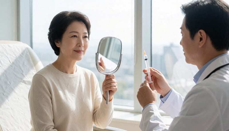 피부과 진료실에서 콜라겐 주사 시술을 앞두고 상담받는 모습