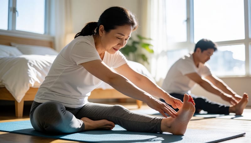 잠들기 전 스트레칭으로 몸을 이완하는 여성