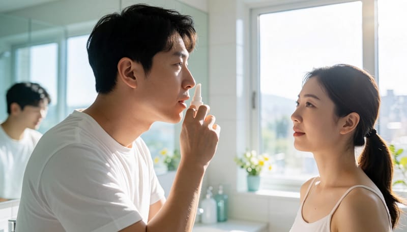 코에 스프레이를 뿌리는 남성