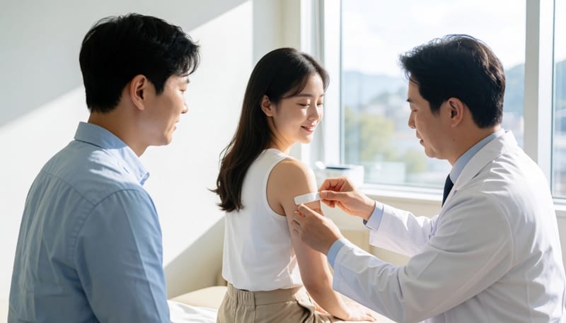 피부과에서 첩포검사를 진행하는 모습