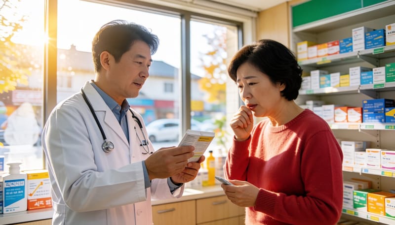 약국에서 기침약에 대해 상담받는 여성