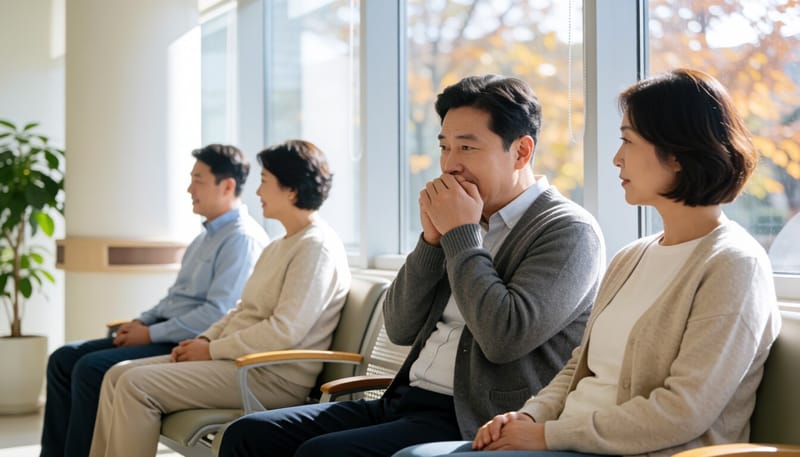 병원 대기실에서 소매로 입을 가리고 기침하는 남성