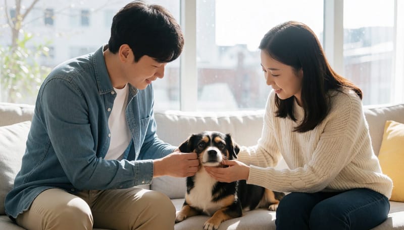 기운 없이 누워 있는 반려견을 살펴보는 보호자