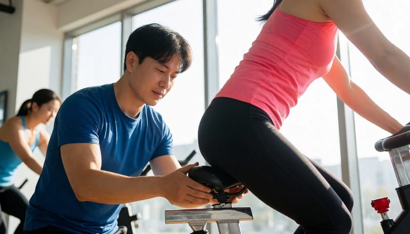 스피닝 강사가 안장 높이를 조정해주는 모습