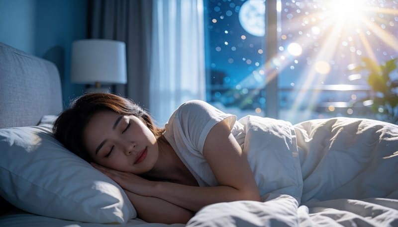 어두운 침실에서 잠든 여성의 모습
