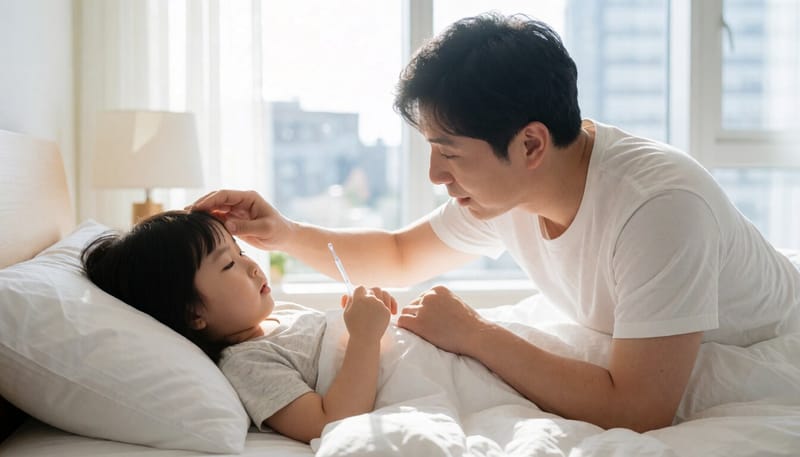 고열로 누워있는 아이의 이마를 짚어보는 보호자