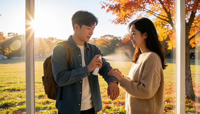 가을 저녁 야외활동 전 모기 기피제를 바르는 모습