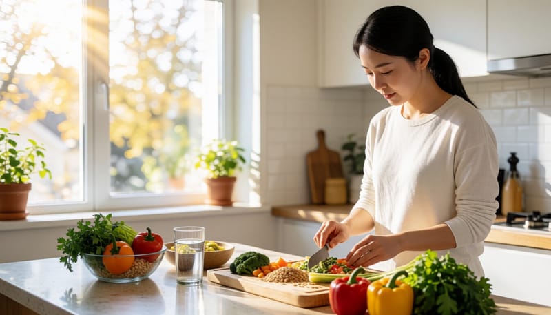 채소와 통곡물로 건강한 식사를 준비하는 여성