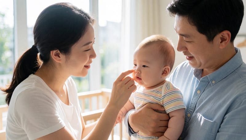 엄마가 아기의 숨구멍과 눈 상태를 살펴보는 모습
