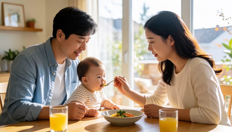 아빠가 아기에게 수분을 조금씩 떠먹이는 모습