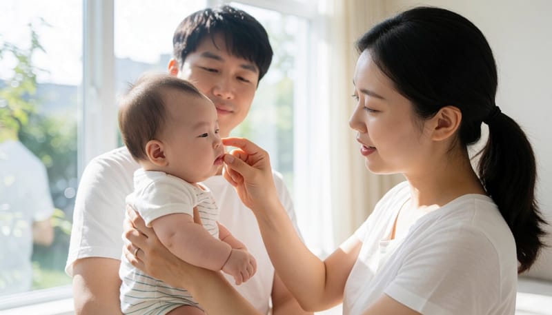 엄마가 아기의 입술과 이마를 살펴보며 상태를 확인하는 모습