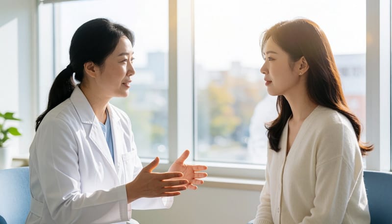 산부인과 진료실에서 의사와 환자가 상담하는 모습