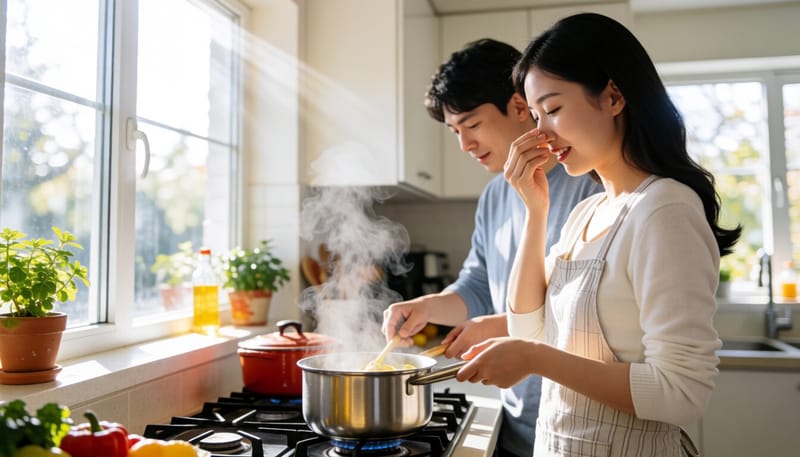 음식 냄새에 얼굴을 찌푸리는 여성의 모습