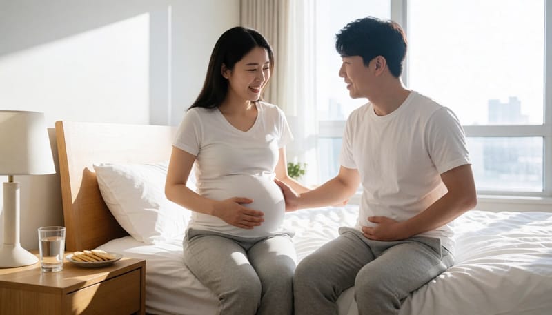아침에 속이 불편해 보이는 임신부가 침대에 앉아 있는 모습